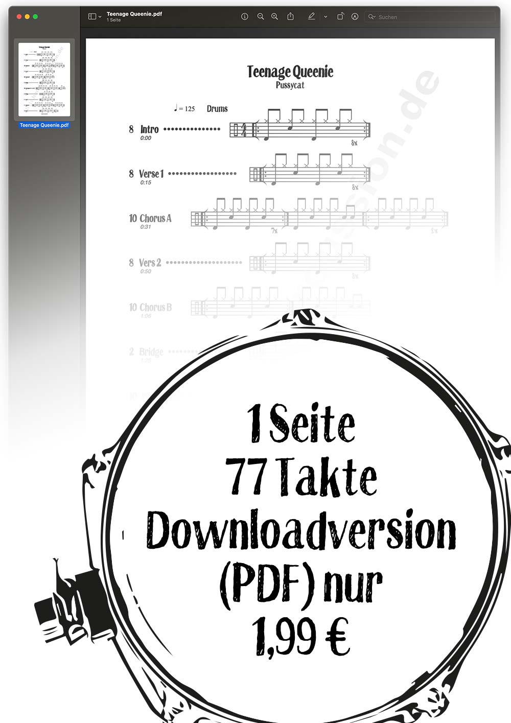 drumset score TEENAGE QUEENIE von PUSSYCAT